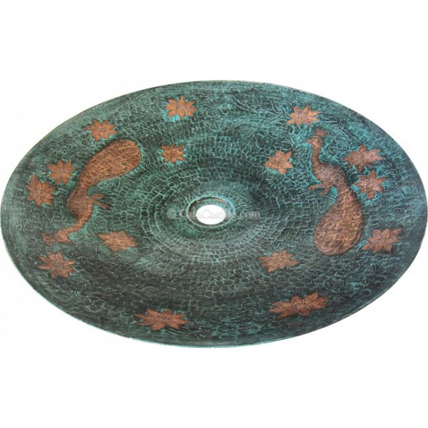 Hand Painted Copper Vessel Sink Round Peacock