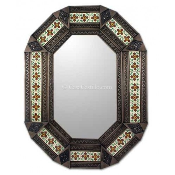Mexican Tin Mirror Octagono de Flores